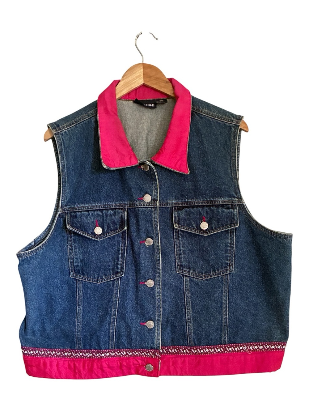 Vintage 90s Western Boho Chic Denim Vest with Hot Pink Embroidered Trim Sz 22/24